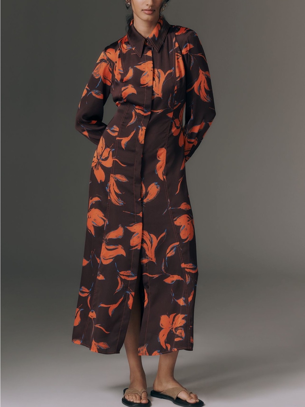 Long Button-Front Midi Dress in Brown with Orange Floral Print